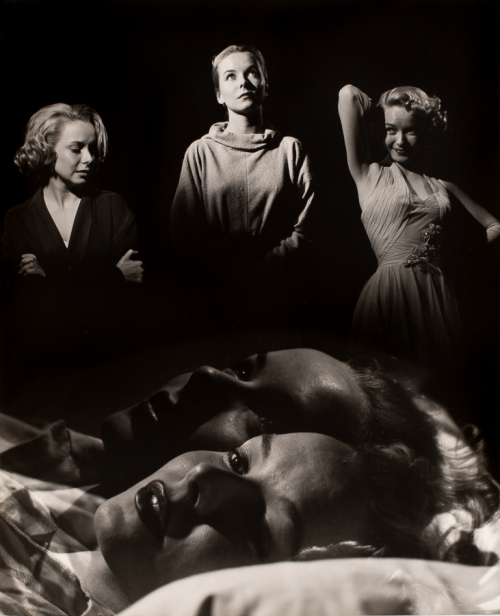 woman's head lying on a pillow along lower edge, double-exposed above it. Above, three images of her in different poses