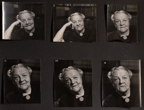 Six photographs of older woman, vary in size arranged in two rows of three. From her shoulders up, showing her in various posses