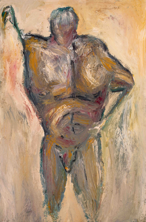 Very painterly image of a nude male in ochre, violet and gray; peach background