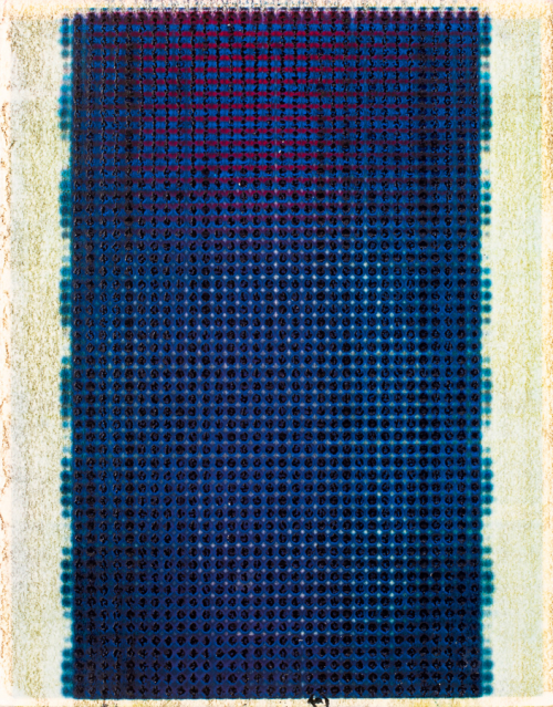 A geometrical composition, primarily deep blue with left and right margins lighter blue-green. central strip small gridded dots