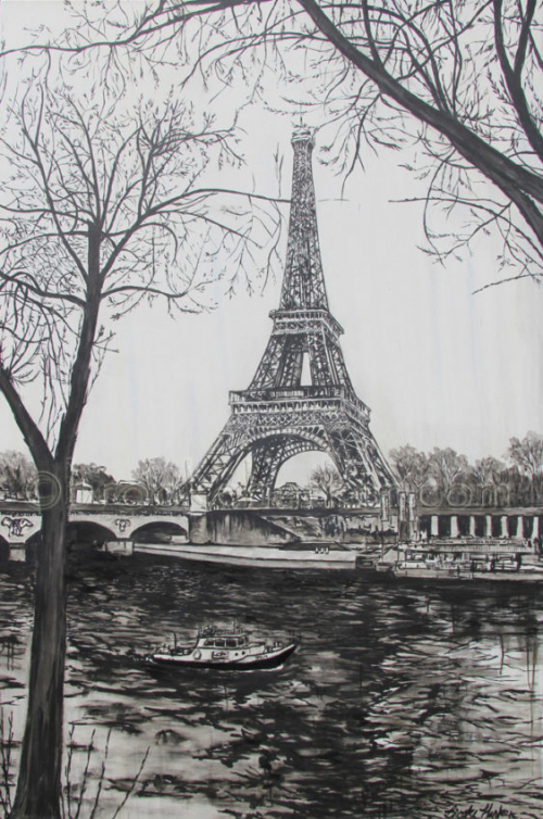 A black and white (with grays) depicting the Eiffel Tower in Paris