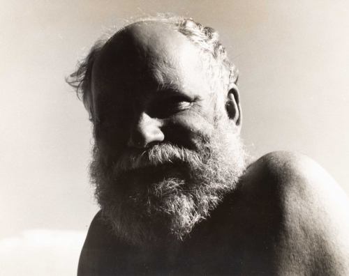 In image of the artist Ken Gogel. The sitter's pose is center and shows his head (bearded and balding) and shoulders are bare