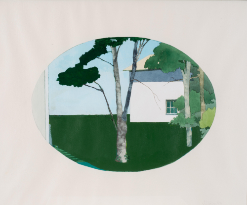 An ovoid image featuring a green lawn with white buildings to the right and far left and a tree