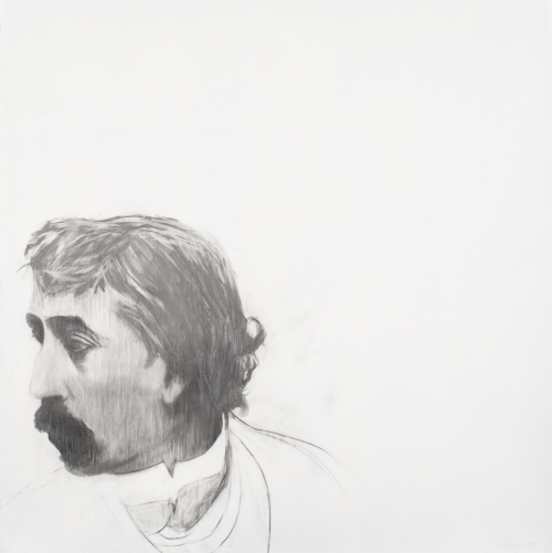 Drawing of the artist Gauguin (bearded dark haired man) in profile on a white field, in the lower left of the composition
