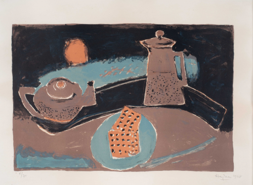 Abstract still life in brown, dull blue and tan of a tea pot, pitcher and plate of waffles