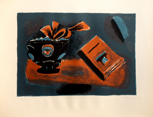 Loose depiction of an orange-red table with book to the right and a dark vase to the left. Dark blue background.