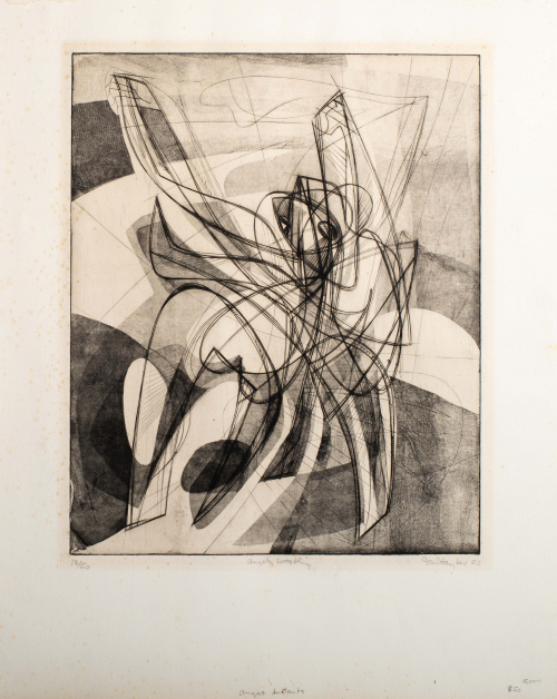 Black and white; very linear / geometric depiction of forms interacting; title written at bottom 