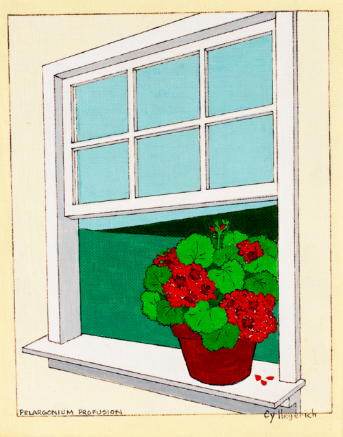 Image of a window with a potted plant on the sill. The window looks out onto a distant hills of simple flat colors