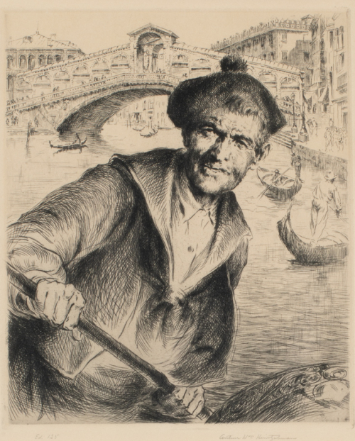 Etching of a man with an ore in a boat with bridge and other "boaters" in the background