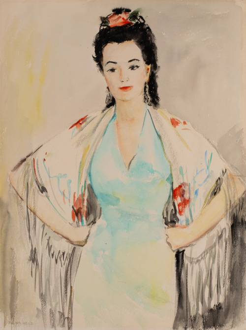 A depiction of a young woman with black hair in a blue dress with colorful shawl.