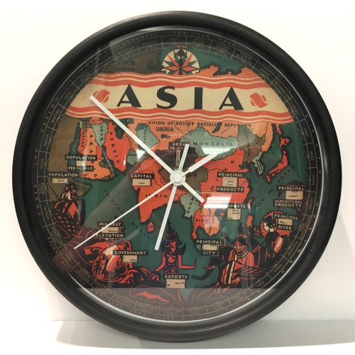 A round wall clock with a banner that says "Asia" and depictions of people from various Asian countries