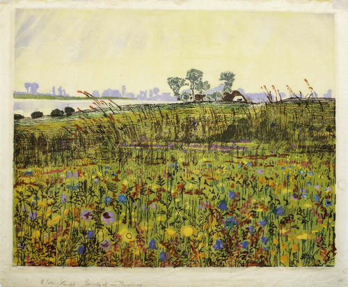 Yellow sky with brightly-colored plants and grasses in a prairie in foreground with a field, trees, and farm in background