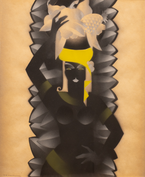 An abstracted image of a dark female figure with a basket of fruit atop her yellow turban and leaf shapes in a column behind her