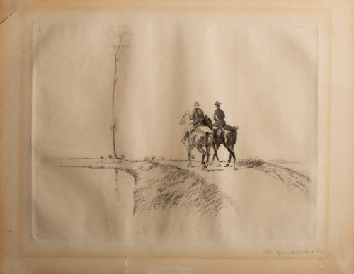 Image of a man and woman on horseback, traveling on a trail; their backs are toward the viewer