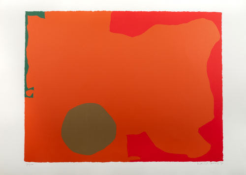 Orange background with various abstract shapes, a green shape along left edge and red one along the right.