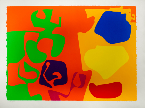 Bright orange background, various colored shapes. 