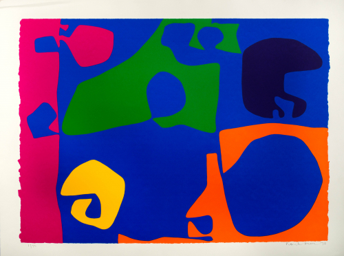 A magenta abstraction is along the left edge. There is a blue background with an abstract object inside it. 