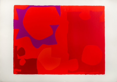 Various shades of red with different abstracted shapes.