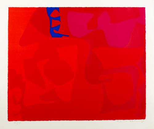 Saturated red composition with various shapes and a blue abstracted shaped coming down from upper left. 