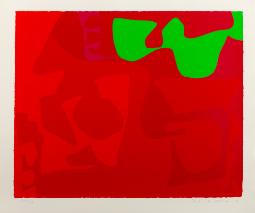 Deeply saturated red composition with various shapes, one bright green abstracted shape in upper right corner.
