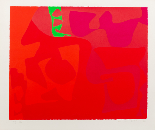 Deeply saturated red composition with various shapes and an abstract green shape coming down from top left.