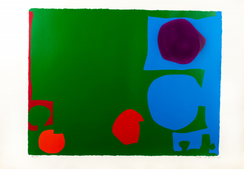 Green abstract backdrop for most of print, but on the far right side is a blue backdrop with a magenta abstract circle inside