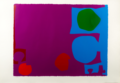Magenta background with blue large shape and a green dot toward upper right