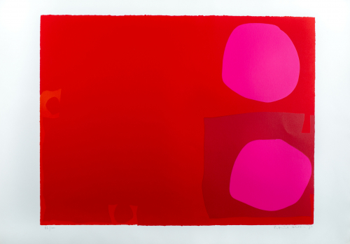  A pink background with a bright red box on the right and a dark red abstract on the orange left edge.