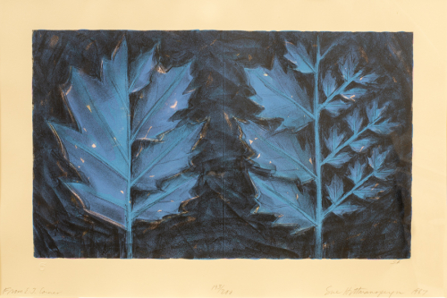 Print of two leaves in indigo, with pink highlights