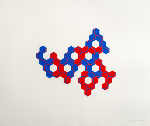 Several hexagons linked together to make a look of a helix chain in sets of blue and red. 