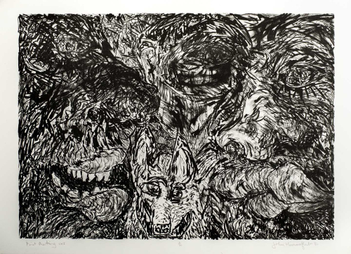 Very gestural print, with a distinct image of a wolf in the lower center and other animals with sharp teeth scattered throughout
