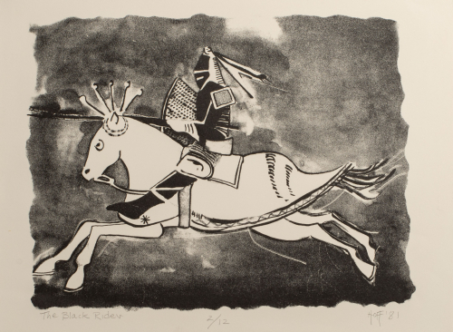 Abstract gesture of a knight riding with a lance on a white horse moving to the left; set against a grey background