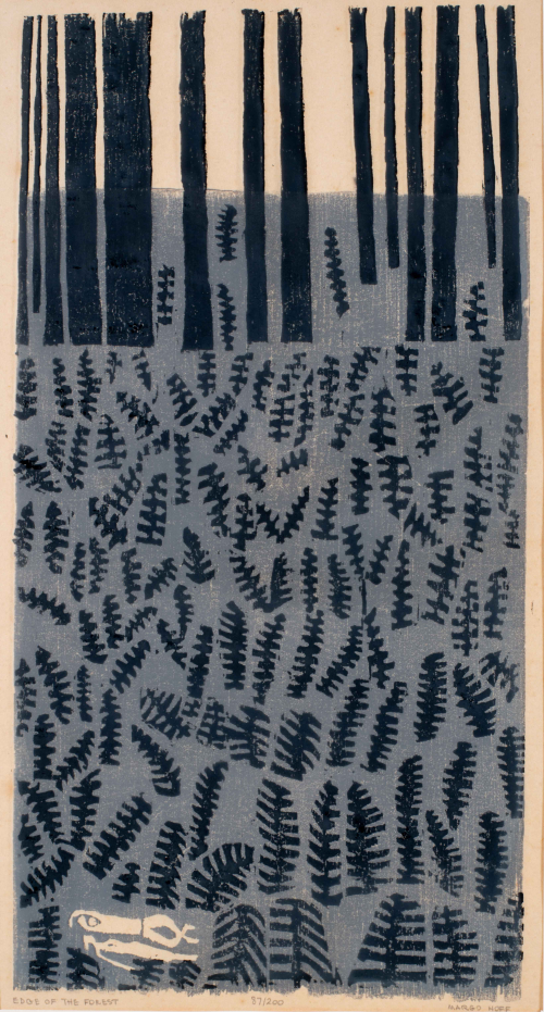 black and blue abstract forest with two figures laying down in the lower left hand corner.