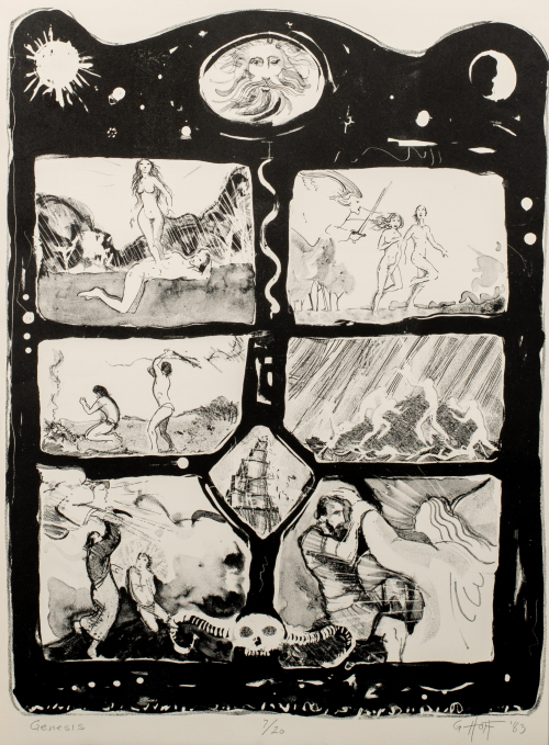 Sun on upper left depiction; God at top center; Moon on the upper left. Six different biblical scenes depicted.