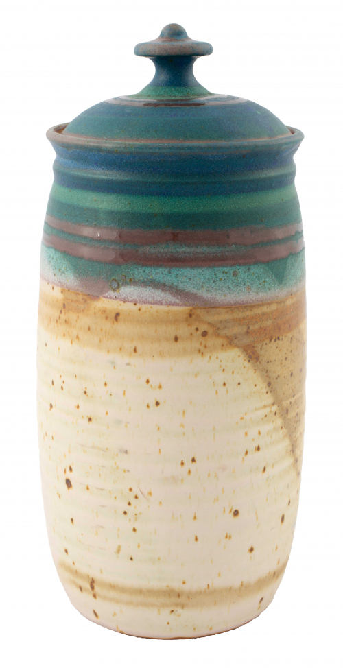 tall jar with lid. upper portion glazed with bands of deep blue and turquoise lower portion mostly speckled brown and beige