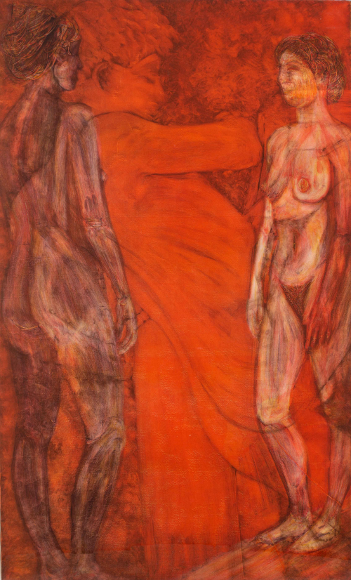 Monochromatic in reds; large male figure in center, with nude female, face front, on right side of image and nude female