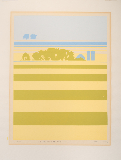 Graphic style with horizontal bands of yellow, green, and blue and silhouettes of trees, silos, and a barn in upper part