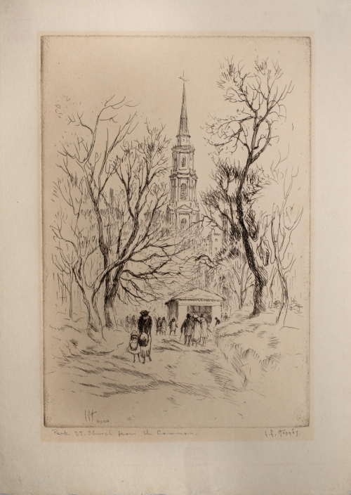 A street; church tower centered in the background; people walking on a path towards the church and a woman and girl walking away