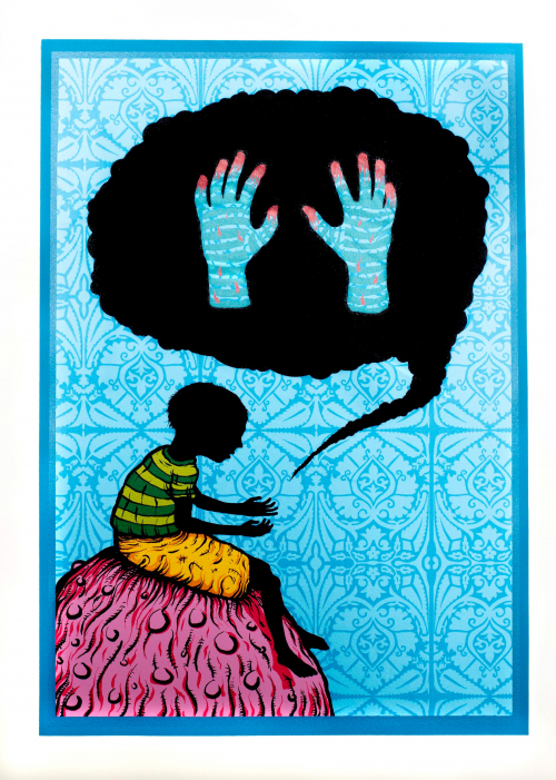 Brightly blues, pinks, yellows, and blacks depicting a boy sitting on a bulbous object looking at hands text bubble above.