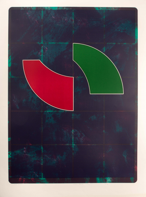 Green and red background covered by blue squares filled with thin lines. Above center two curved shapes, one red one green.
