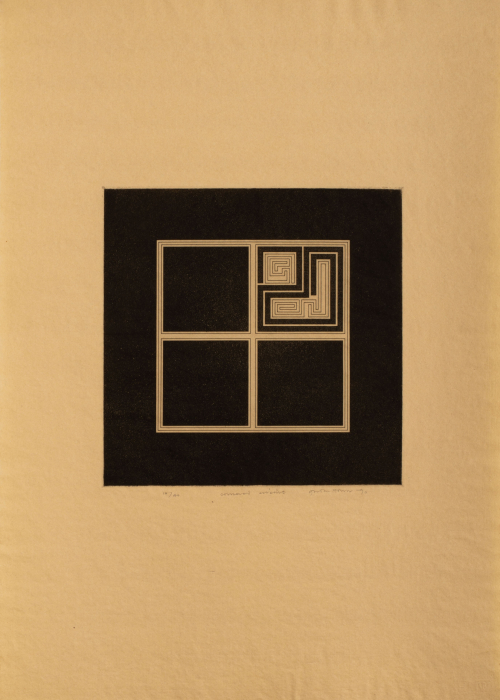 black square, a white line breaks it into four connected smaller squares.  The upper right has two dived geometric sections.