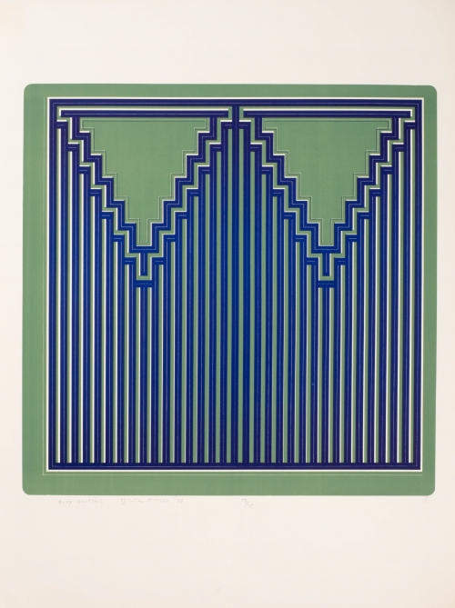 Green square with even blue lines going vertically and thin white lines between them, creates a geometric design