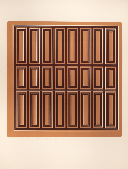 A brown square with a darker brown square inside that is broken into three sections horizontally and eight sections vertically