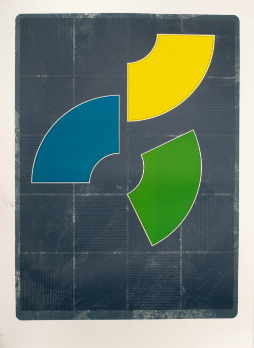 background covered by blue squares filled with thin lines. Three curved shapes one yellow, blue, and green