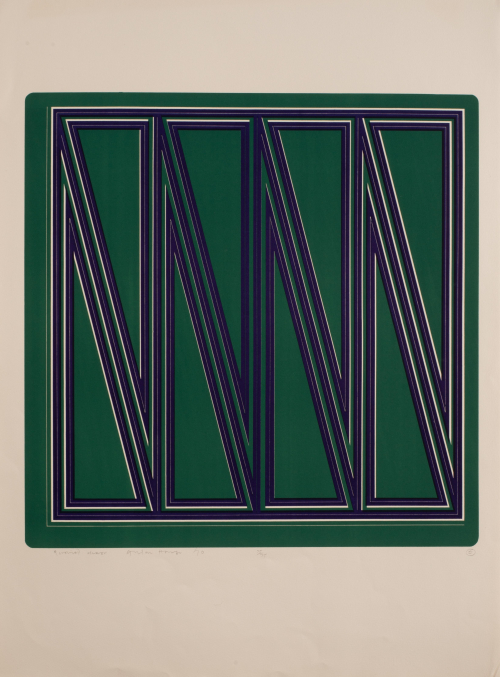 Green square with blue and white lines breaking it up into triangles.