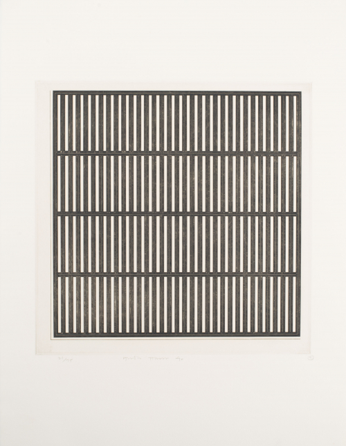 White square with black square inside broken into four equal horizontal sections with alternating black and white vertical lines