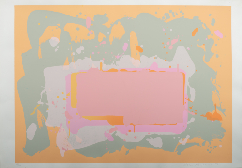 An orange background overlaid by a big blob of green while a rectangular form of white hangs at the center with pink