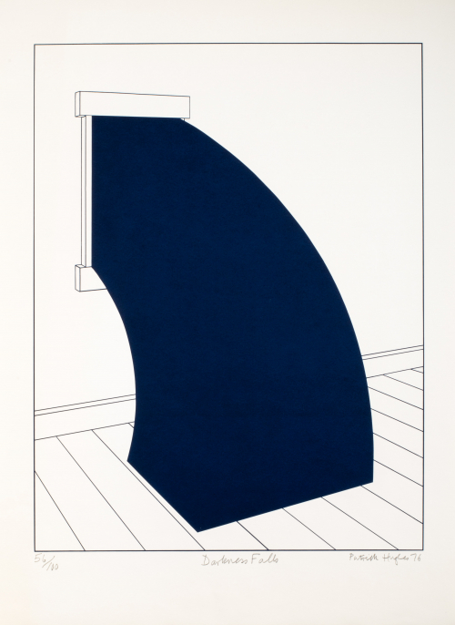 A contour line depiction of a room with a window and wood floor, a large dark block is coming from window arching to the floor