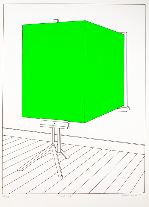 A big block made of green coming through a window and resting on an easel.   All in straight linear lines. 