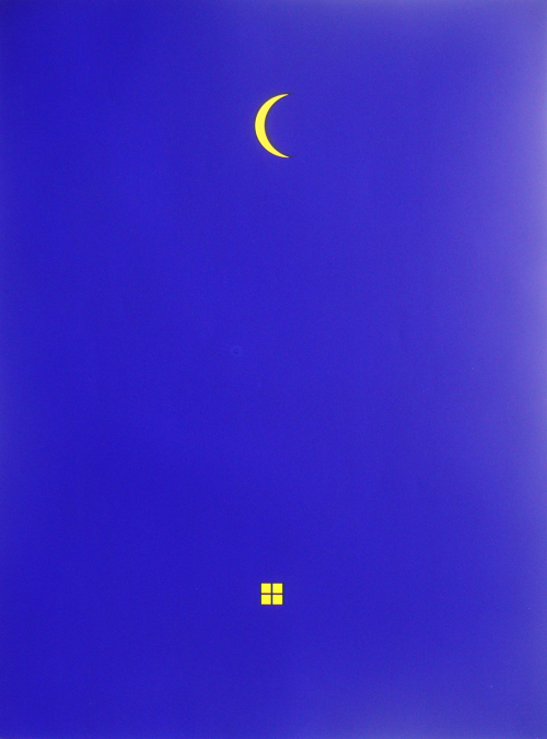 A depiction of a yellow crescent moon (UC) and a yellow star (LC) on a deep blue ground